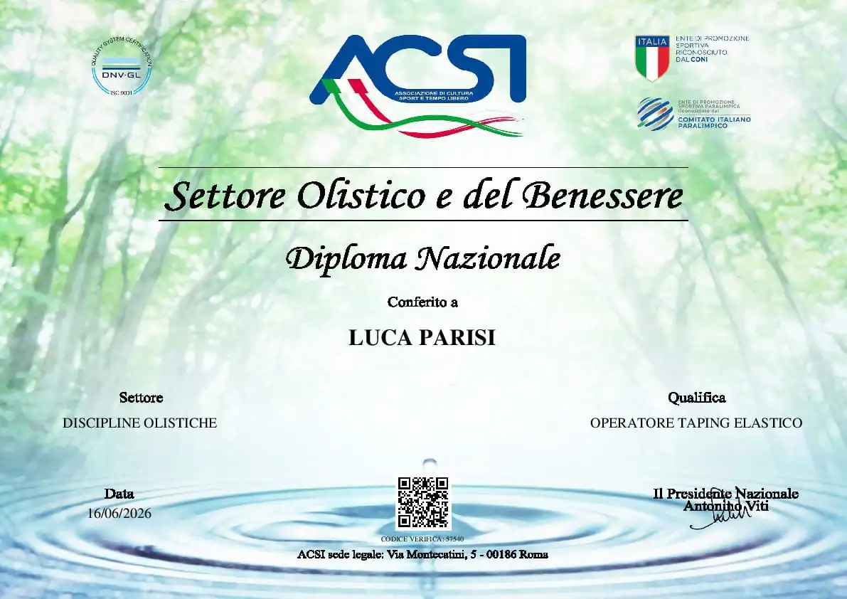 Diploma Acsi di operatore Taping Elastico Settore Olistico e del benessere Luca Parisi